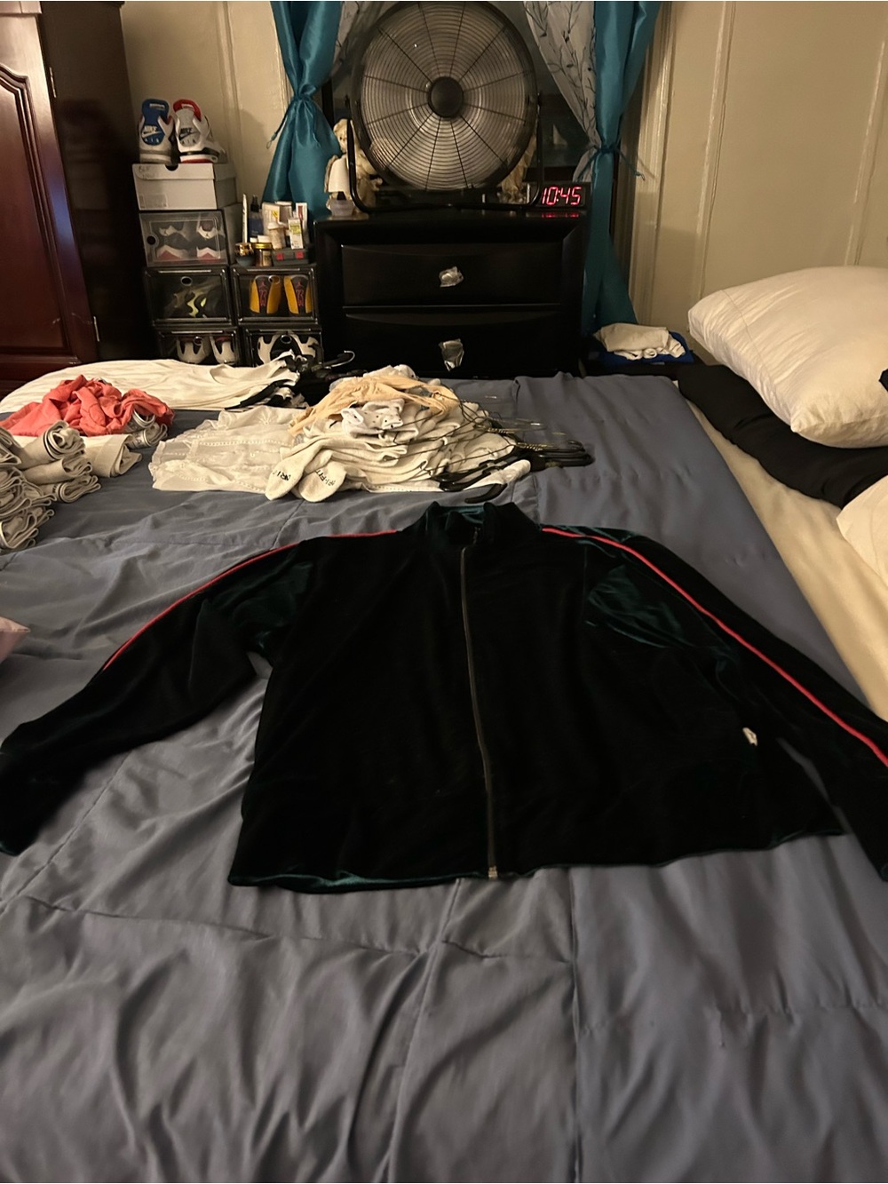 Men's Black Velvet Zip-Up Bomber Jacket with Red Shoulder Stripe